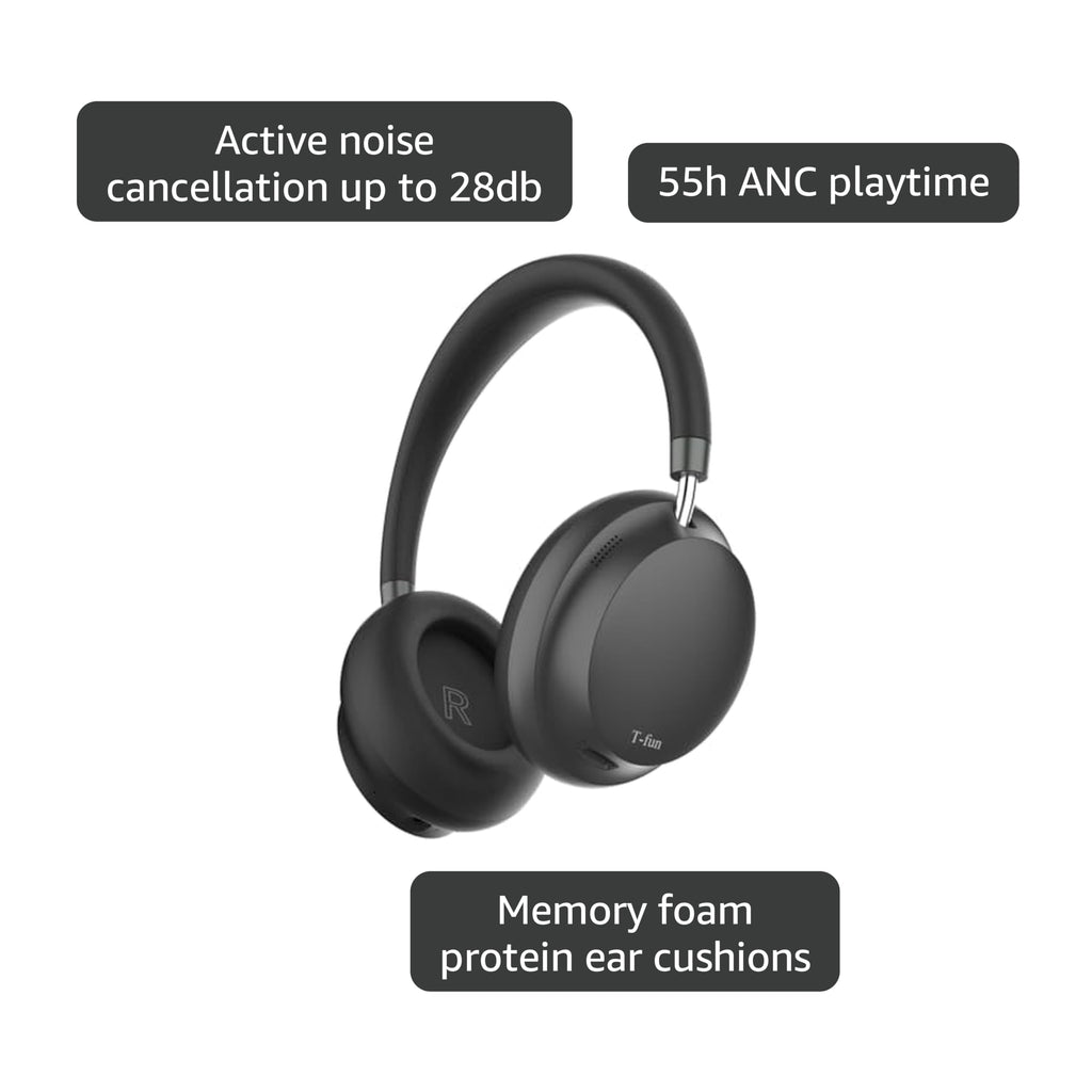 T-fun NC45 Active Noise Cancelling Headphones, Comfortable Wireless Over Ear Headset with Mic, 55H Playtime, Hi-Res Audio, Deep Bass, Low Latency, Bluetooth 5.3 ANC Headphones for Travel Home