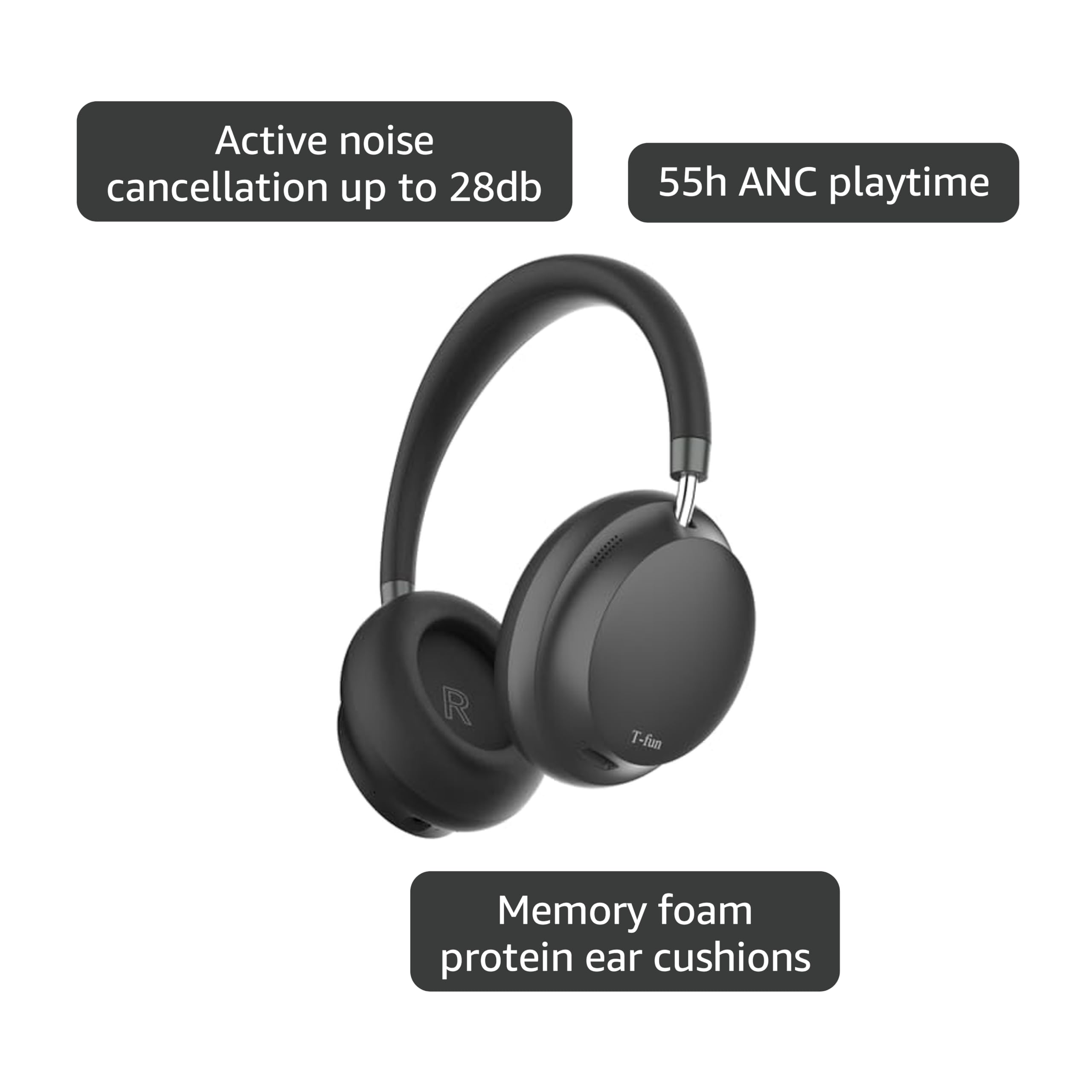 T-fun NC45 Active Noise Cancelling Headphones, Comfortable Wireless Over Ear Headset with Mic, 55H Playtime, Hi-Res Audio, Deep Bass, Low Latency, Bluetooth 5.3 ANC Headphones for Travel Home