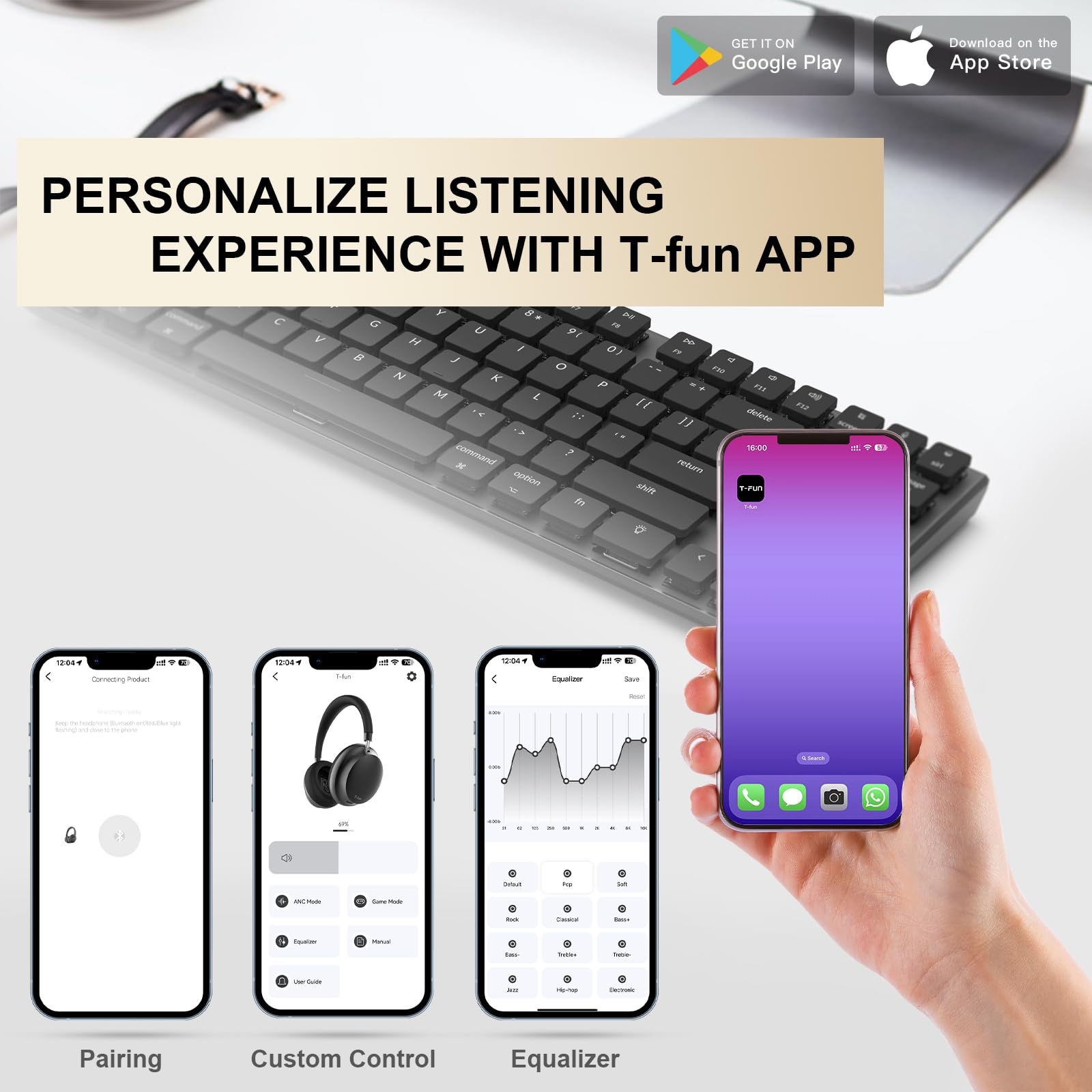 T-fun NC45 Active Noise Cancelling Headphones, Comfortable Wireless Over Ear Headset with Mic, 55H Playtime, Hi-Res Audio, Deep Bass, Low Latency, Bluetooth 5.3 ANC Headphones for Travel Home