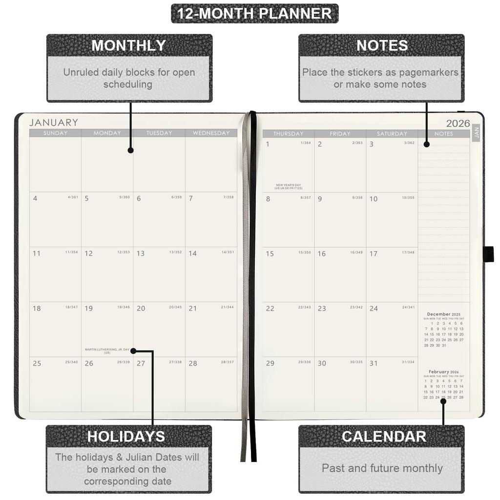 2026 Planner - Planner 2026 with Pen Loop, Jan 2026 - Dec 2026, to Achieve Your Goals & Improve Productivity, Thick Paper, 40 Note Pages, Inner Pocket, 5.75" x 8.25" - Black