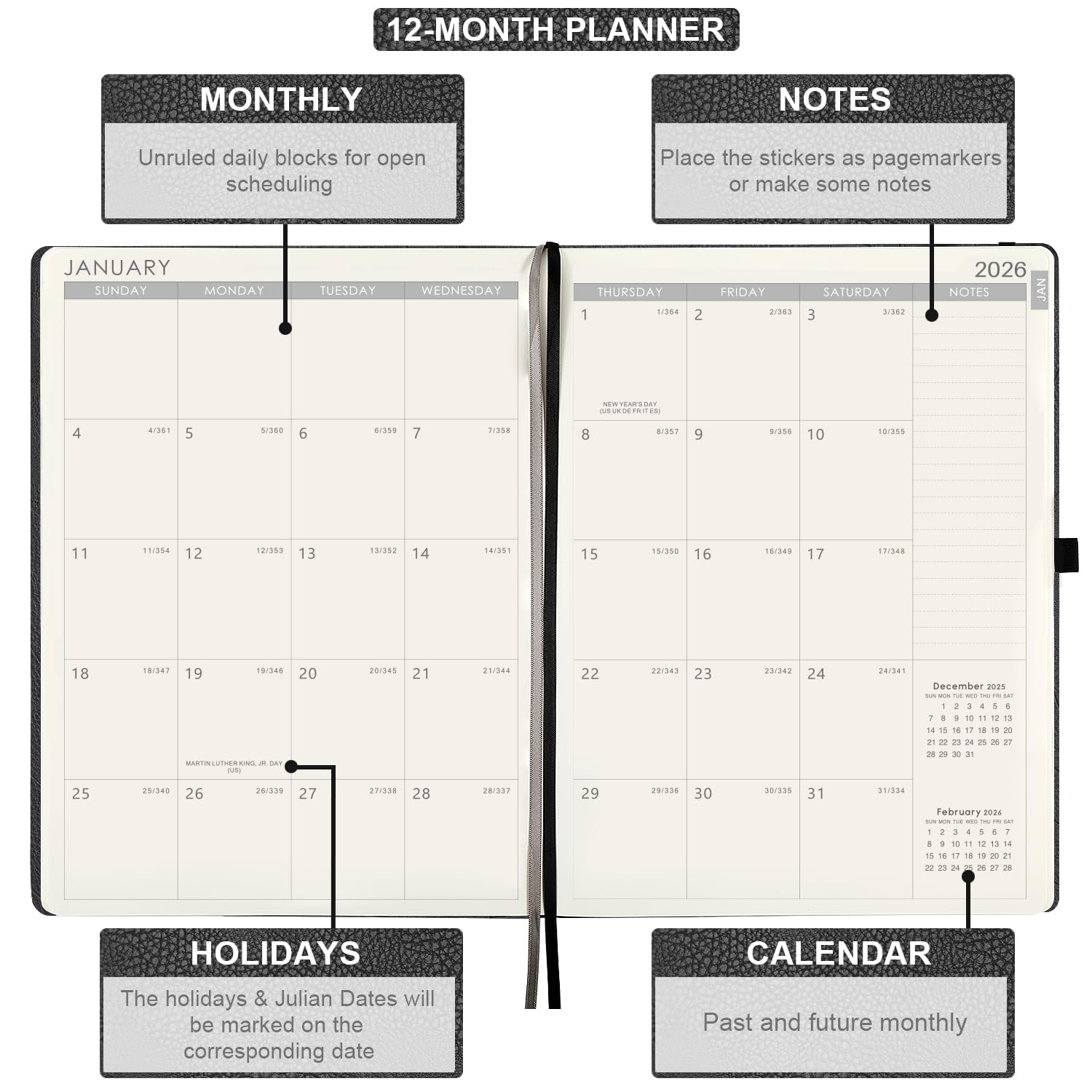 2026 Planner - Planner 2026 with Pen Loop, Jan 2026 - Dec 2026, to Achieve Your Goals & Improve Productivity, Thick Paper, 40 Note Pages, Inner Pocket, 5.75" x 8.25" - Black