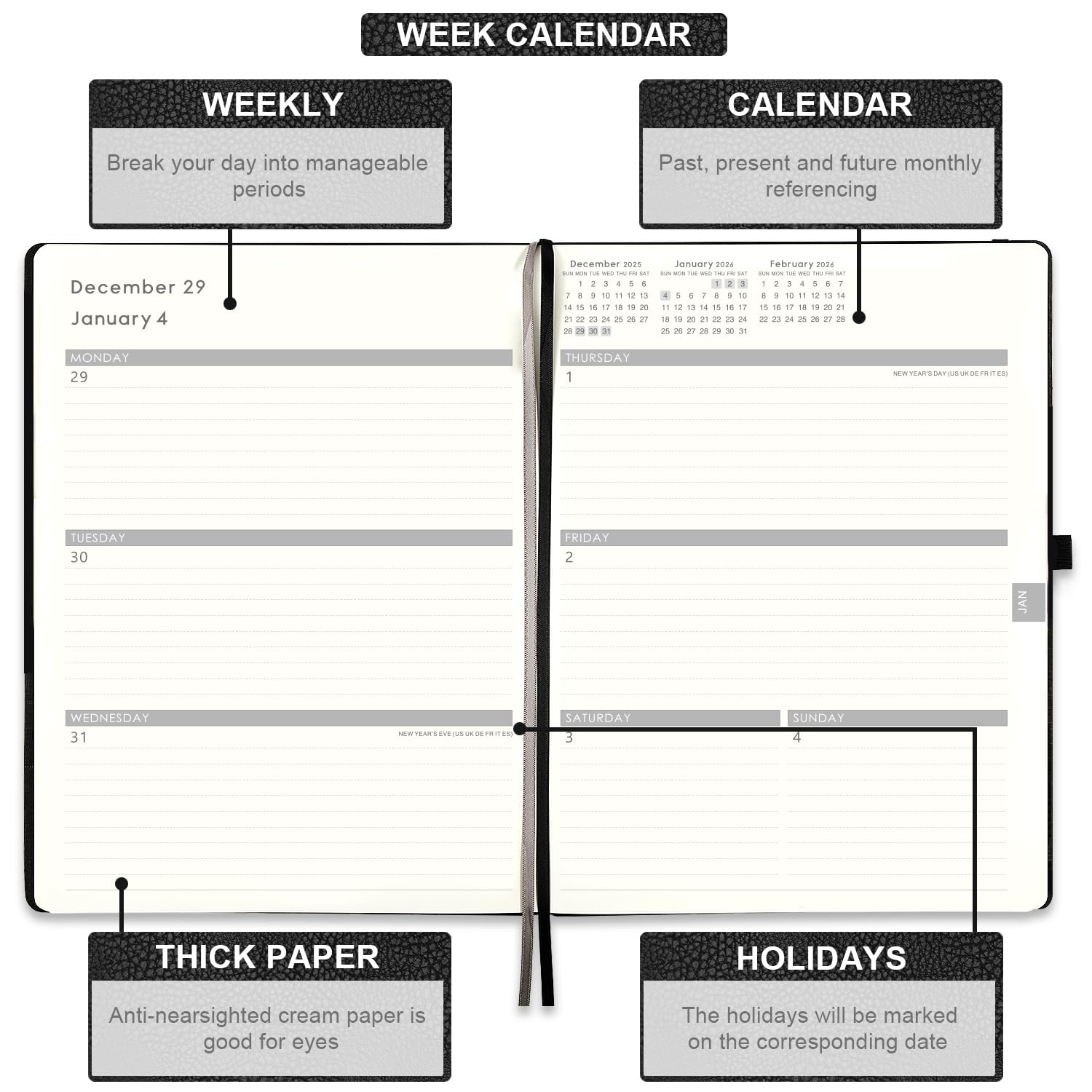 2026 Planner - Planner 2026 with Pen Loop, Jan 2026 - Dec 2026, to Achieve Your Goals & Improve Productivity, Thick Paper, 40 Note Pages, Inner Pocket, 5.75" x 8.25" - Black