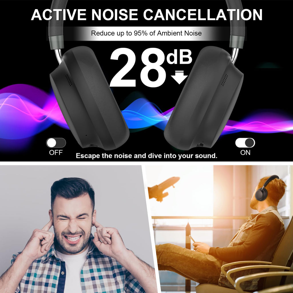 T-fun NC45 Active Noise Cancelling Headphones, Comfortable Wireless Over Ear Headset with Mic, 55H Playtime, Hi-Res Audio, Deep Bass, Low Latency, Bluetooth 5.3 ANC Headphones for Travel Home