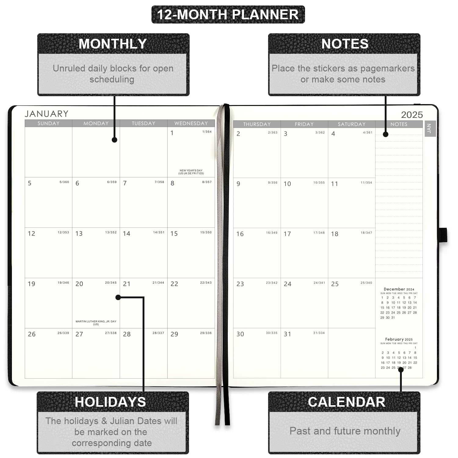 2026 Planner - Planner 2026 with Pen Loop, Jan 2026 - Dec 2026, to Achieve Your Goals & Improve Productivity, Thick Paper, 40 Note Pages, Inner Pocket, 5.75" x 8.25" - Black