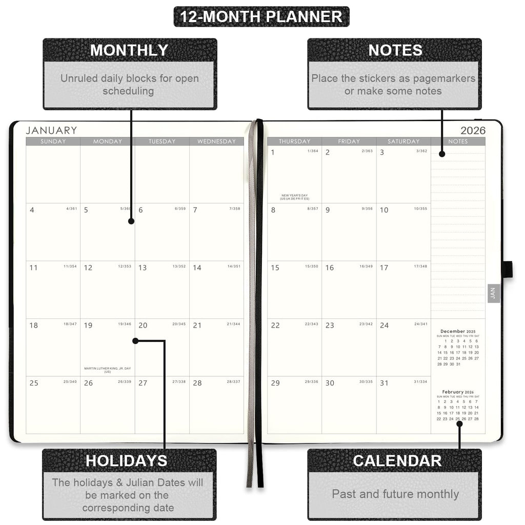 2026 Planner - Planner 2026 with Pen Loop, Jan 2026 - Dec 2026, to Achieve Your Goals & Improve Productivity, Thick Paper, 40 Note Pages, Inner Pocket, 5.75" x 8.25" - Black