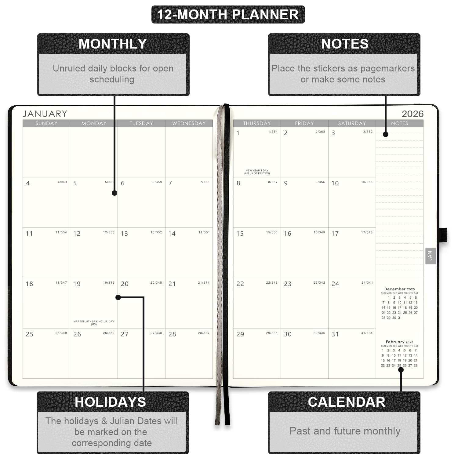 2026 Planner - Planner 2026 with Pen Loop, Jan 2026 - Dec 2026, to Achieve Your Goals & Improve Productivity, Thick Paper, 40 Note Pages, Inner Pocket, 5.75" x 8.25" - Black