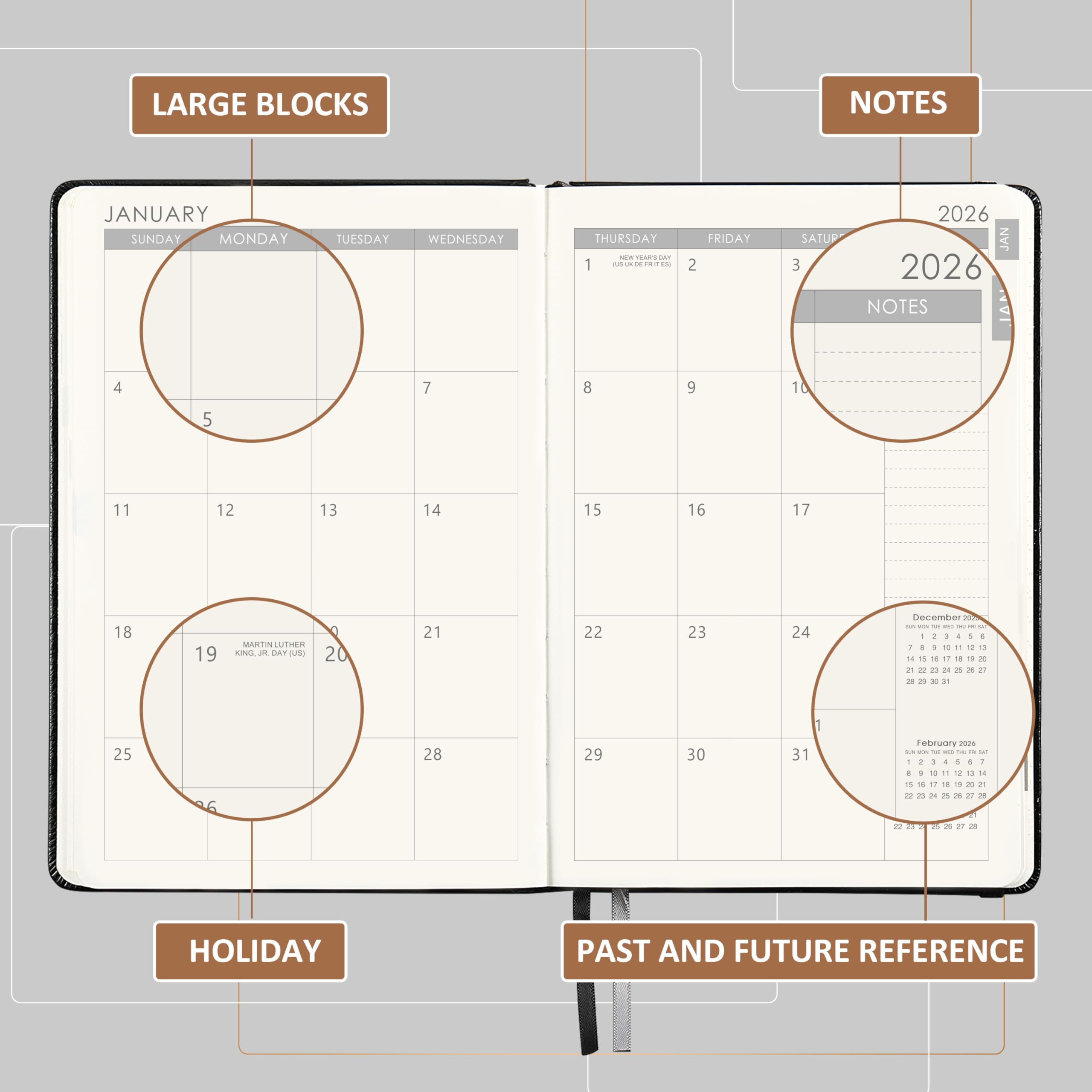 2026 Planner - Planner 2026 with Pen Loop, Jan 2026 - Dec 2026, to Achieve Your Goals & Improve Productivity, Thick Paper, 40 Note Pages, Inner Pocket, 5.75" x 8.25" - Black
