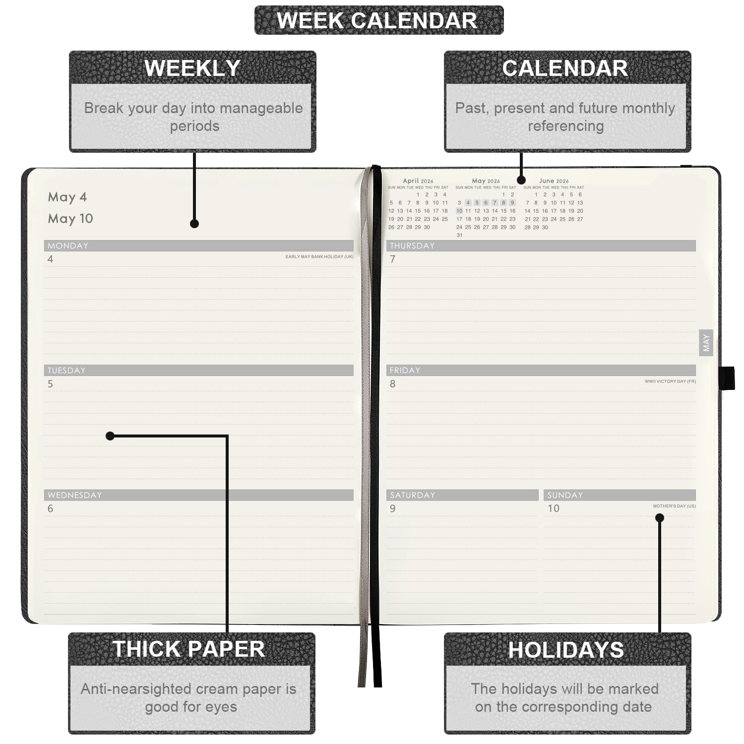 2026 Planner - Planner 2026 with Pen Loop, Jan 2026 - Dec 2026, to Achieve Your Goals & Improve Productivity, Thick Paper, 40 Note Pages, Inner Pocket, 5.75" x 8.25" - Black