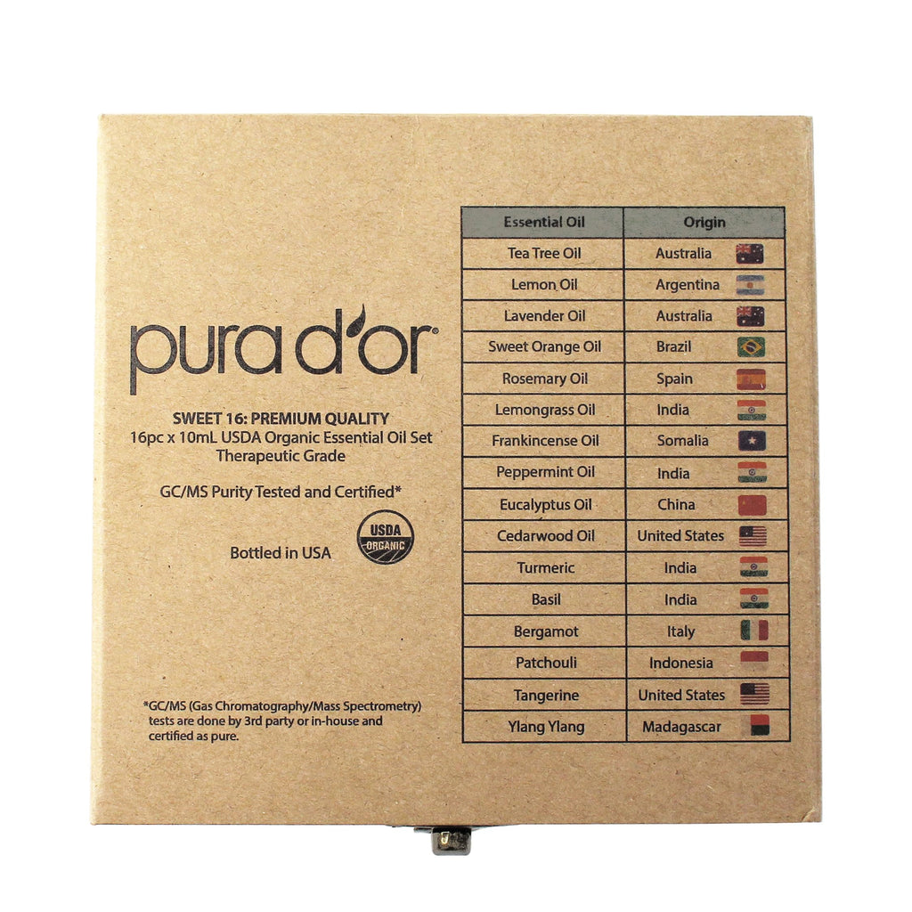 PURA D'OR Organic Sweet16 Essential Oils Set - 16x 10mL Wood Box Aromatherapy Gift Set