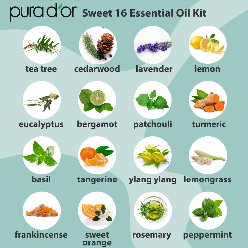 PURA D'OR Organic Sweet16 Essential Oils Set - 16x 10mL Wood Box Aromatherapy Gift Set