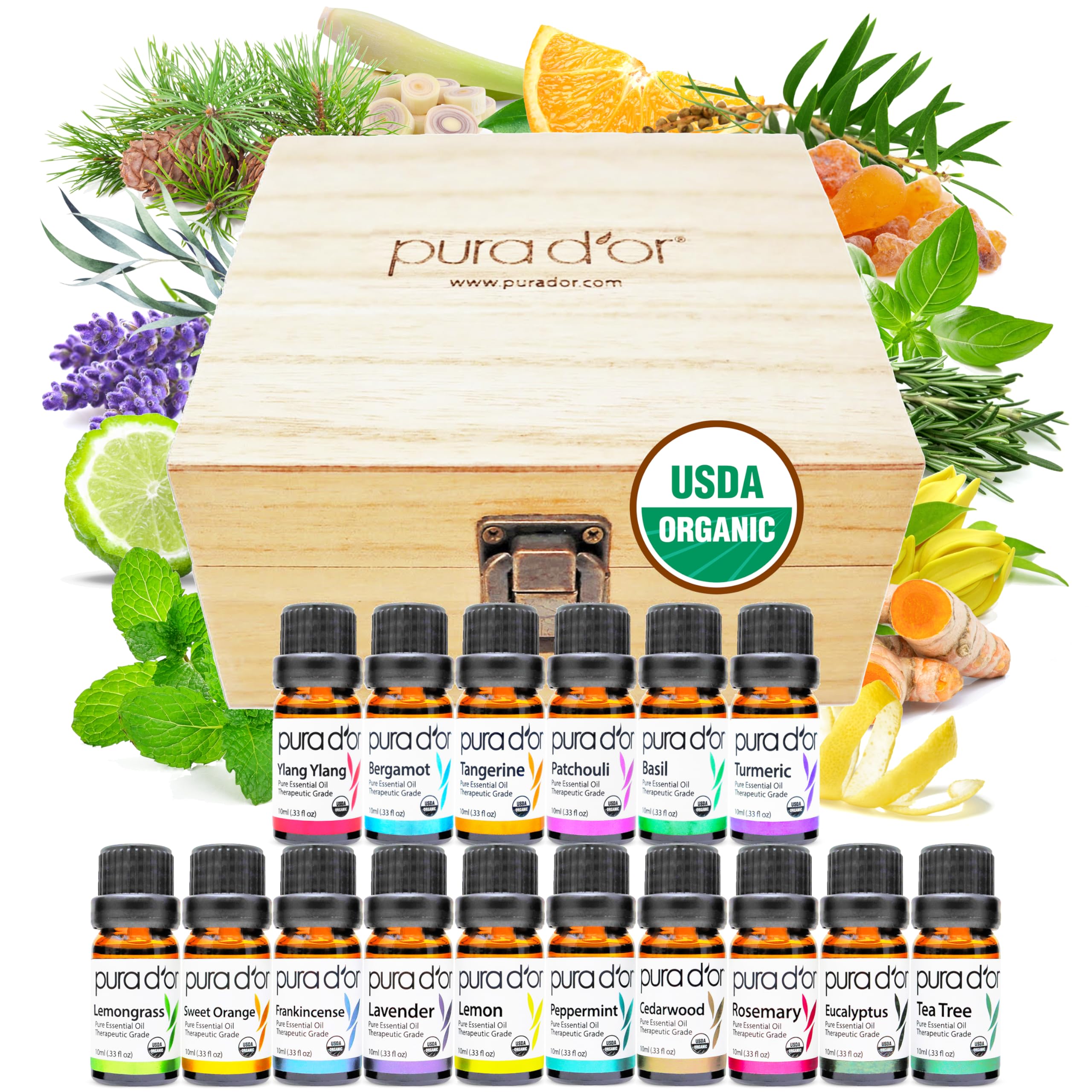 PURA D'OR Organic Sweet16 Essential Oils Set - 16x 10mL Wood Box Aromatherapy Gift Set