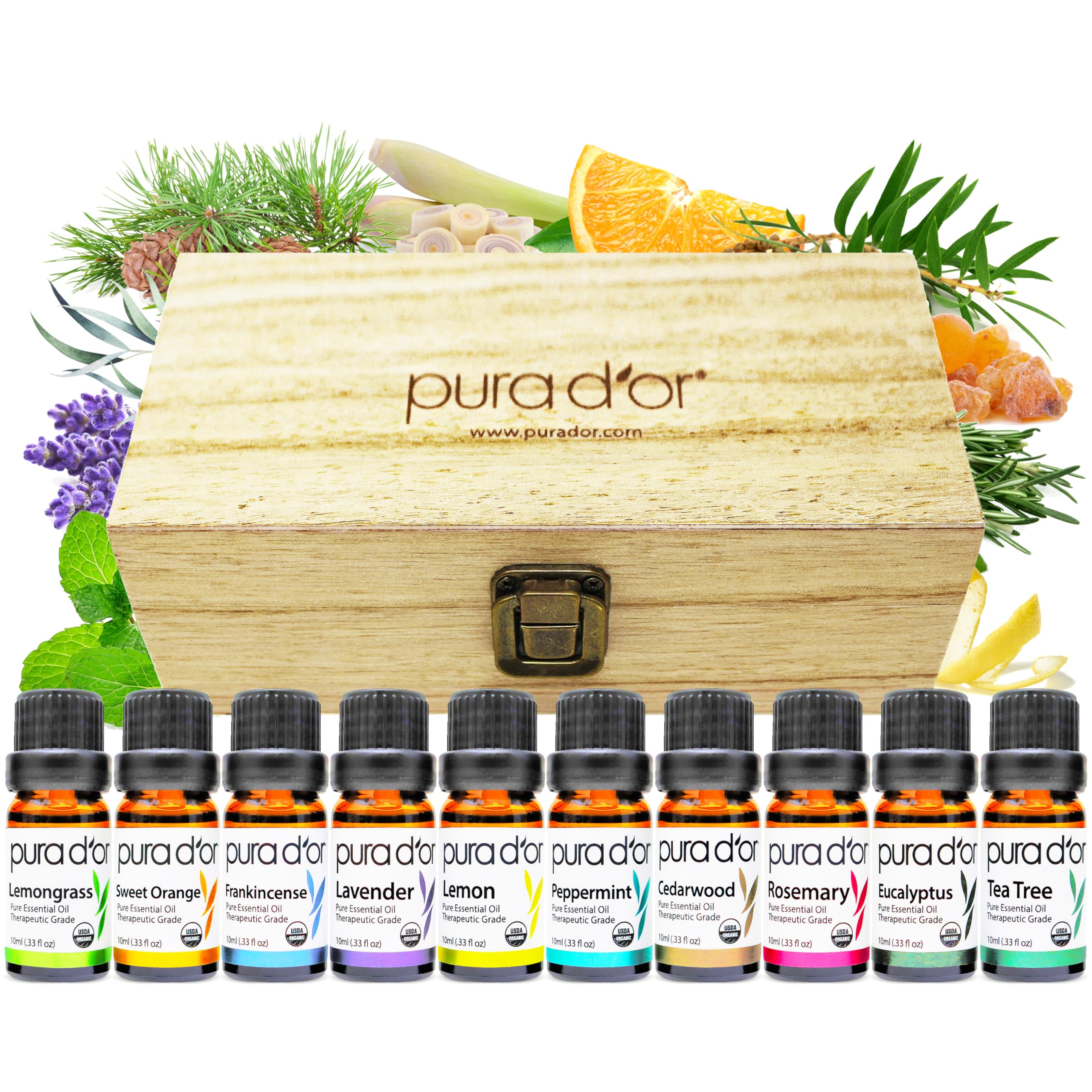 PURA D'OR Organic Sweet16 Essential Oils Set - 16x 10mL Wood Box Aromatherapy Gift Set